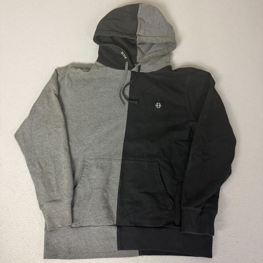 HUF Colorblock Pullover Hoodie Mens XL Black Gray Skate Streetwear Sweatshirt